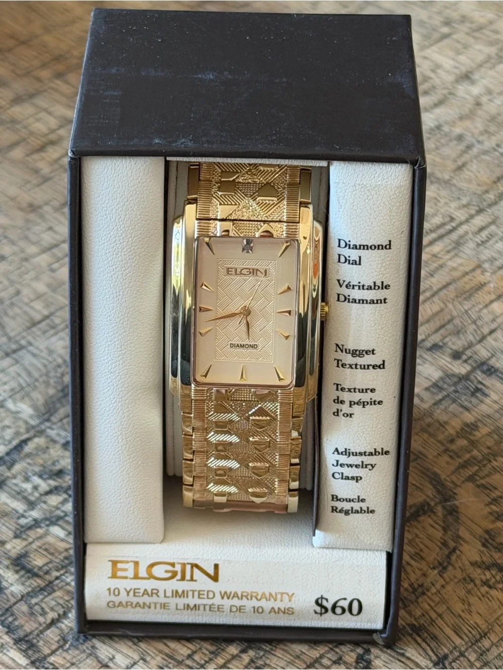 New! Elgin Gold Tone 28mm Diamond Dial Rectangular Men’s Watch